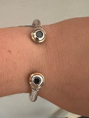 John Medeiros Silver-Tone Cable Bracelet with Black Stone Accents